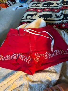 Hang Ten Red Athletic Drawstring Shorts with White Embroidery